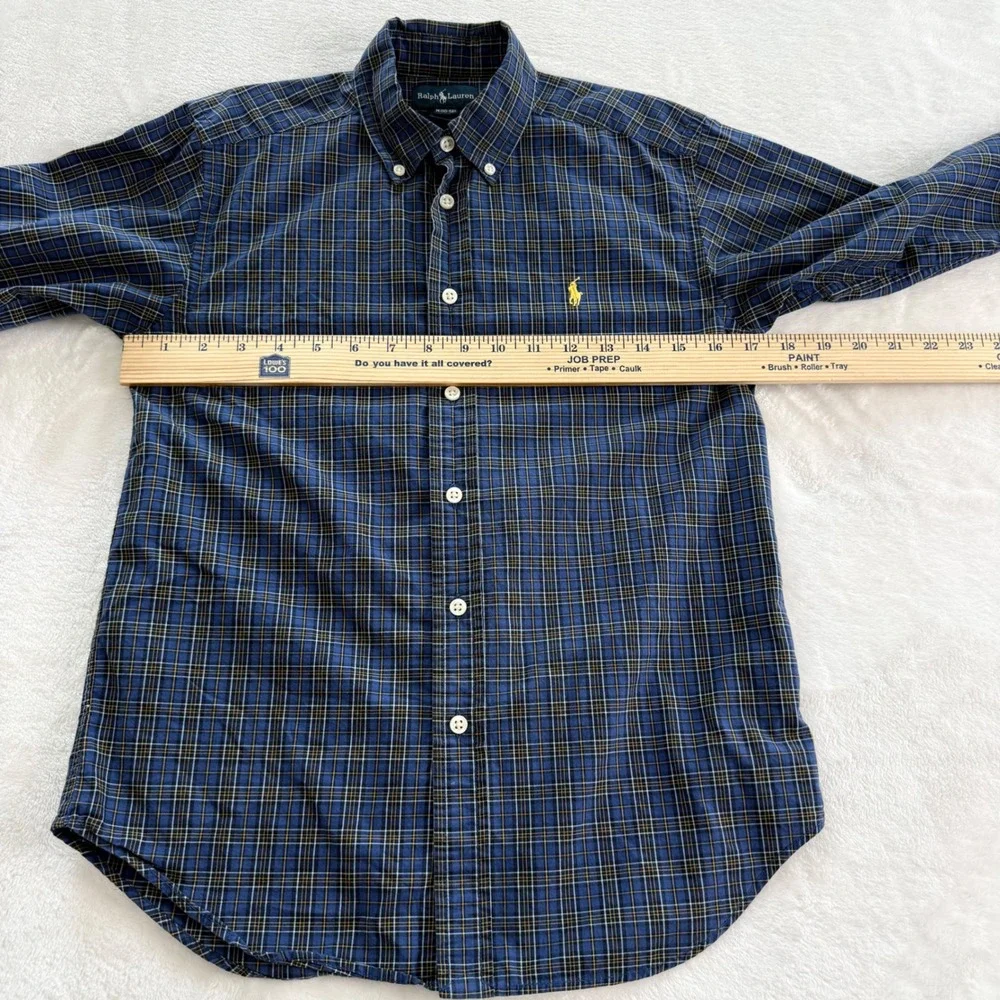 Ralph Lauren Button Down Shirt Kids M 10-12 Blue Plaid Long Sleeve Pony Logo
